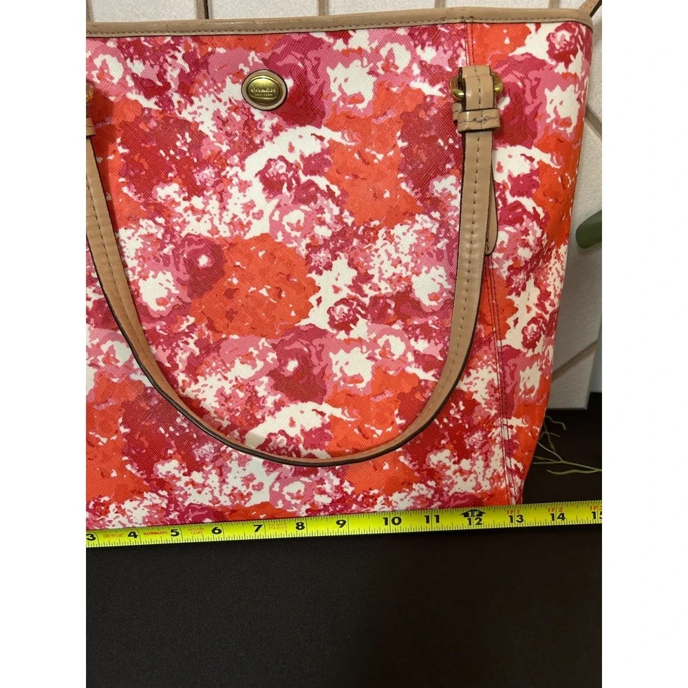Coach Peyton Floral Print Top Handle Tote Bag Pink‎ Orange White Leather Bag
